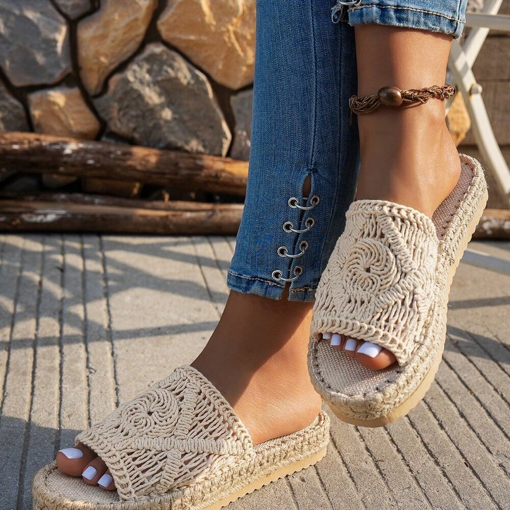 Beige Women's Rope Woven Hollow Asymmetrical Flat Sandals - Picture 4 of 5